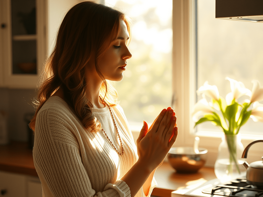 Mother praying in a sunlit kitchen with white lilies, inspired by Mother Mary’s heart